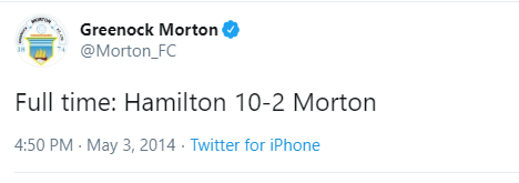 Yeah, then we shipped ten goals in a game to Hamilton Accies. Hamilton 10, Morton 2. One of the most absurd, but funniest football matches ever. Dougie Imrie (who'd already agreed to join Hamilton) scored from near enough the halfway line at some point and nobody even noticed.
