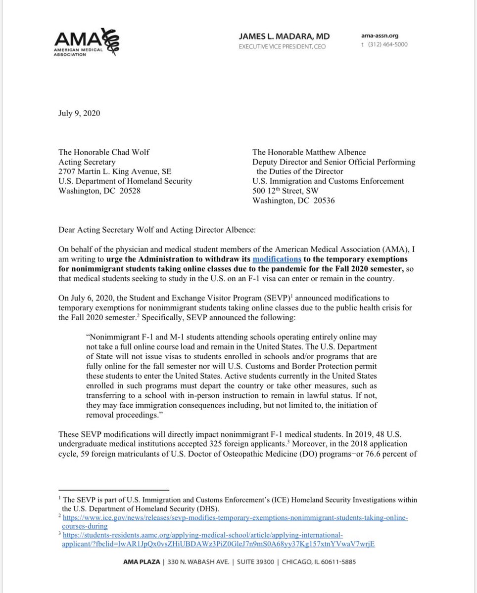 BlakeEMurphy's tweet image. The @AmerMedicalAssn officially opposes the SEVP modifications to temporary exemptions for nonimmigrant F-1 visa holders taking online classes this Fall semester, sending the attached letter to the DHS and ICE. @LMSA_National we stand with you!