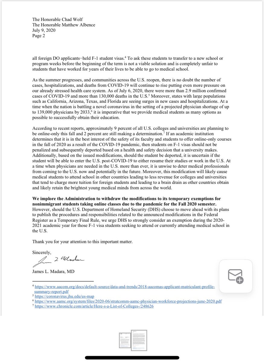 BlakeEMurphy's tweet image. The @AmerMedicalAssn officially opposes the SEVP modifications to temporary exemptions for nonimmigrant F-1 visa holders taking online classes this Fall semester, sending the attached letter to the DHS and ICE. @LMSA_National we stand with you!