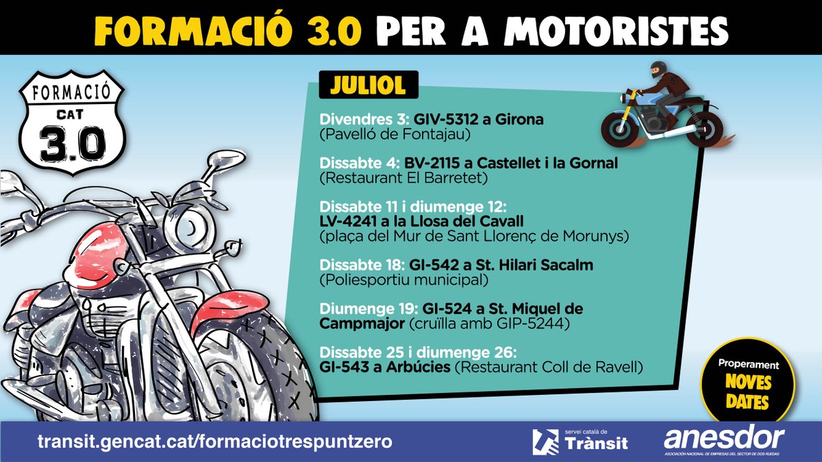 transit's tweet photo. 🏍 Motorista! La moto et domina o la domines? Vols millorar la teva tècnica de conducció?

👉 Aquest juliol estan previstes diverses sessions de Formació 3.0 per a motoristes. Apunta't aquí: https://t.co/iAv6HMPOVO https://t.co/I3C6sbR617