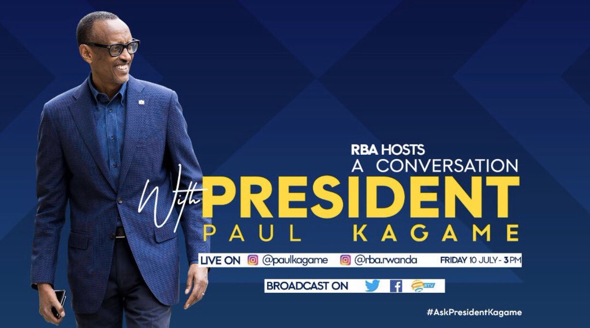 I will be interacting with our President <a href="/PaulKagame/">Paul Kagame</a> tomorrow at 3pm. The conversation will be live on <a href="/rbarwanda/">Rwanda Broadcasting Agency (RBA)</a> &amp; you don’t want to miss. 
How about you give me some questions you would want to ask him if you’re to meet him face to face🤗 #AskPresidentKagame