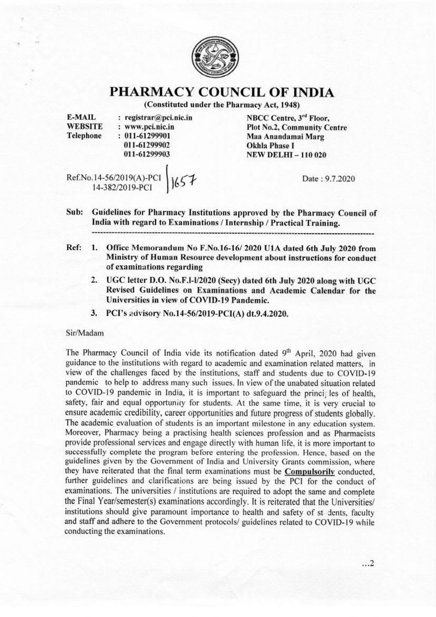 NdpuIndia's tweet photo. PCI advisory for Final Year Students
#Exams2020 
#PharmD 
#news https://t.co/VzrSOUkhaq