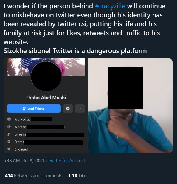 A person by the name "Abel Mushi" - a pseudonym used on search67 - was wrongly accused of running the account by Twitter "investigators". Criminal cases was opened against the individual, and his personal details published despite no evidence linking him to account or site.