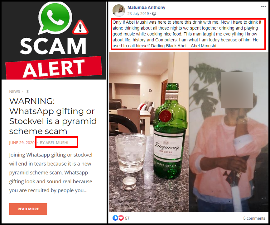 Evidence linking Matumba to this "Abel Mushi" seen on the sites registered in his name could be found in a Facebook post made by Matumba in July 2019, in which he thanked an Abel Mushi for "teaching me everything I know about computers".