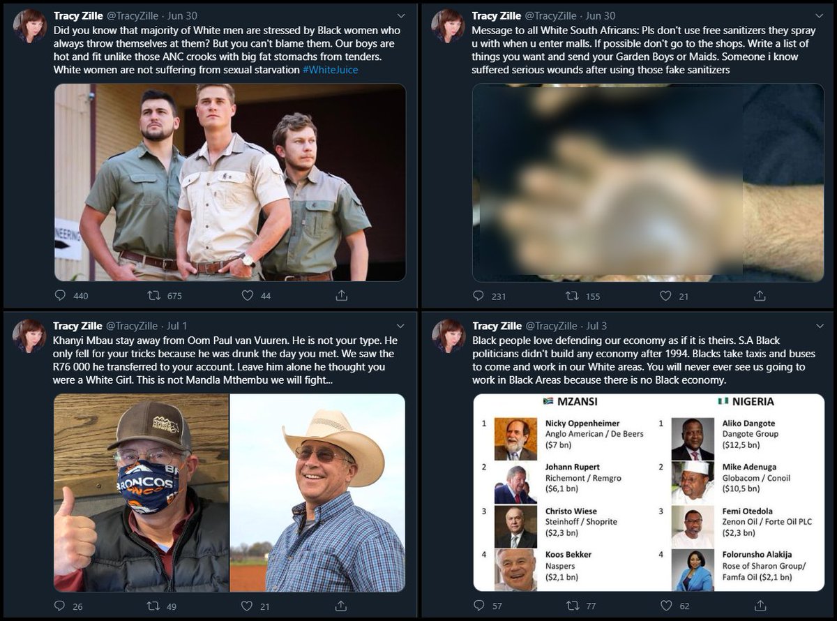 Tracy Zille's tweets were meant to shock and spark outrage, attracting users to its profile where it tweeted click-bait links to off platform websites.The aim? Monetise the traffic through Google  @AdSense adverts on the site.