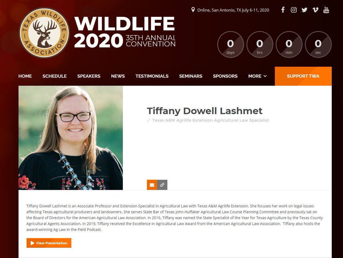 TiffDowell's tweet photo. The TWA (@texaswildlife) has their annual conference available online! Check out great FREE content, including several educational seminars, including one on landowner liability from me!
https://t.co/qTAy6S7MA4
#aglaw #texaslaw #texaswildlife #landownerliability https://t.co/lq6SBg6vkR