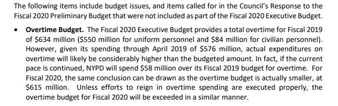 The City a& Council know this is an issue, and in fact identified OT as one of the key issues in FY20 (council.nyc.gov/budget/wp-cont…), since it was consistently overspent. So they can cap it all they want, but bc of the PBA, if it gets overspent, they have to pay up. #NYPDExposed