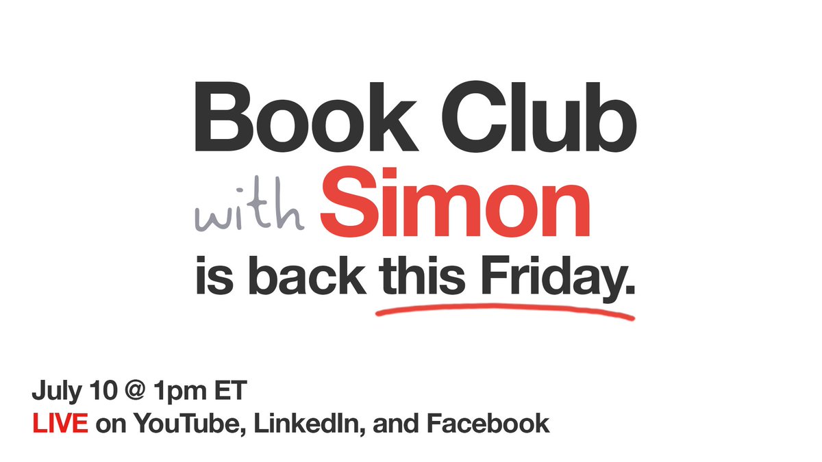 Simon Sinek (@simonsinek) on Twitter photo Book Club is back tomorrow Friday July 10 at 1pm ET on Facebook, LinkedIn, and YouTube. Join me LIVE to discuss chapters 1 & 2 of The Infinite Game: youtu.be/gtKLlZKhFvY
Send your questions to bookclub@simonsinek.com Book Club is back tomorrow Friday July 10 at 1pm ET on Facebook, LinkedIn, and YouTube. Join me LIVE to discuss chapters 1 & 2 of The Infinite Game: youtu.be/gtKLlZKhFvY
Send your questions to bookclub@simonsinek.com