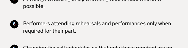 New government guidance on outdoor performances includes this tip that performers should only attend performances when required for their part.So basically... don't turn up for shows you're not actually in? 
