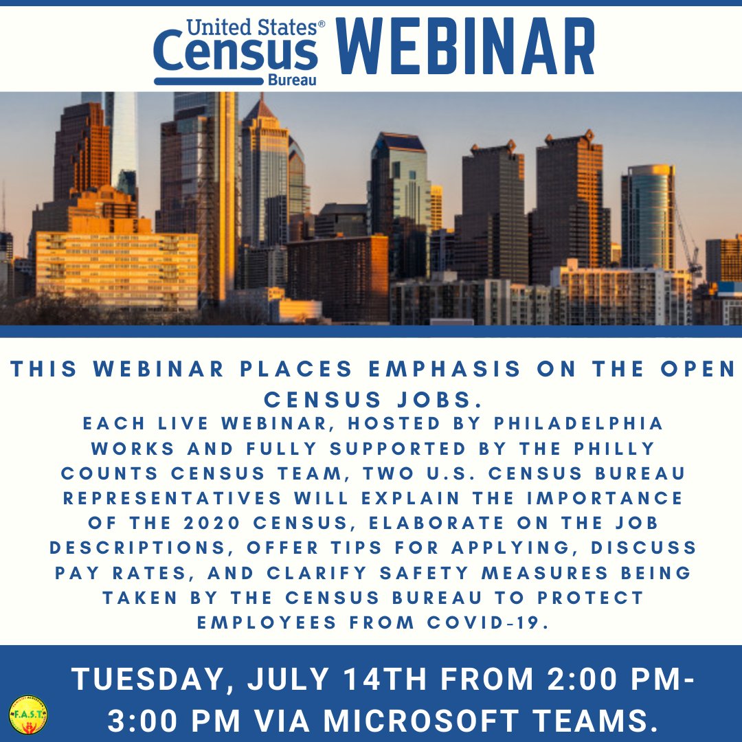 _FastFoundation's tweet photo. To reserve your spot please contact Candice Woods at (609) 472-1349 or by email at cwoods@philaworks.org
#census #jobs #career #phillyworks #microsoftteams #webinar #aid #help https://t.co/kw2RBfsVVG
