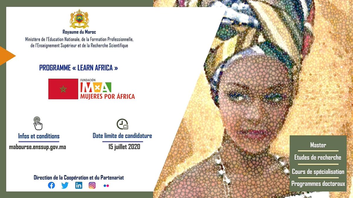 A l’attention des jeunes femmes africaines La Fondation 'Mujeres por África' met à votre disposition des bourses d'études, au titre de l'année académique 2020-2021. À vos canditatures. #UniversiteAbdelmalekEssaadi #mabourse #DCP #ENSSUP #LearnAfrica #MujeresPorÁfrica #Maroc