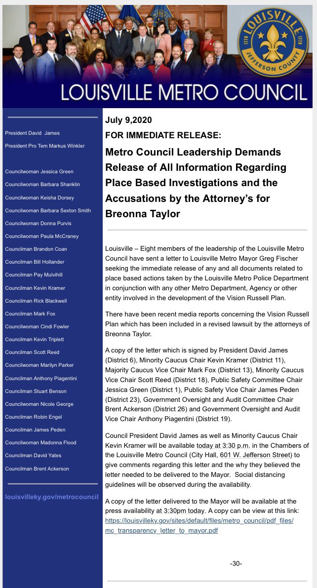 Members of the leadership of the Louisville Metro Council release the following letter delivered to Mayor Fischer yesterday. <a href="/CMKevinKramer/">Kevin Kramer</a> <a href="/CMPiagentini/">Councilman Anthony Piagentini</a> @CouncilmanPeden @ScottRe45128343 <a href="/marparker2/">Marilyn Parker</a>