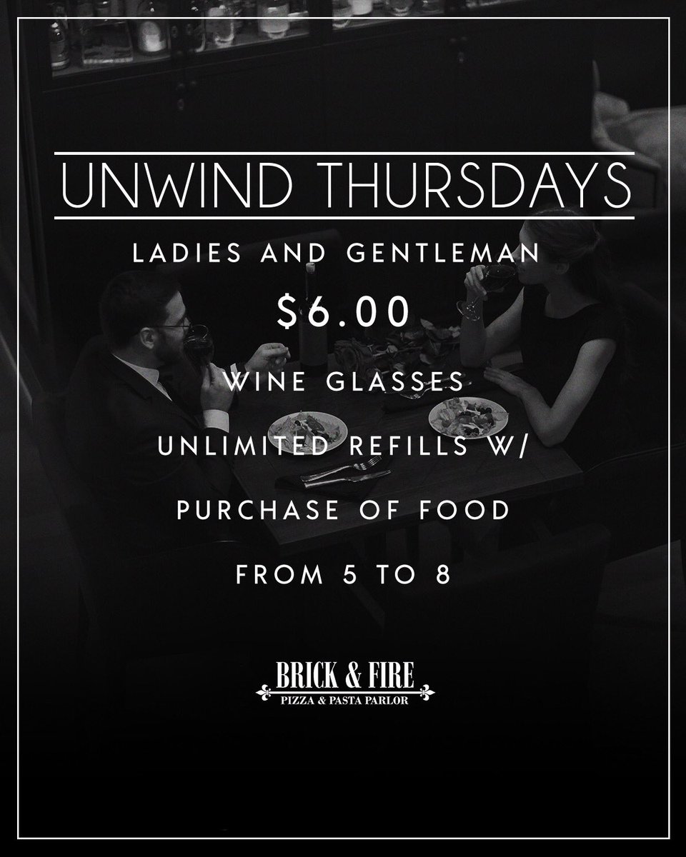 brickandfire's tweet photo. Ladies and Gentlemen, take tonight and unwind over dinner. $6.00 bottomless glasses of wine with a purchase of an entree! 
Available for dine-in tonight from 5-8pm
We hope to see you here!
As always it’s our pleasure to serve you!

#pizza #downtownorlando #orlando #smallbusiness https://t.co/rPkRwOsViq