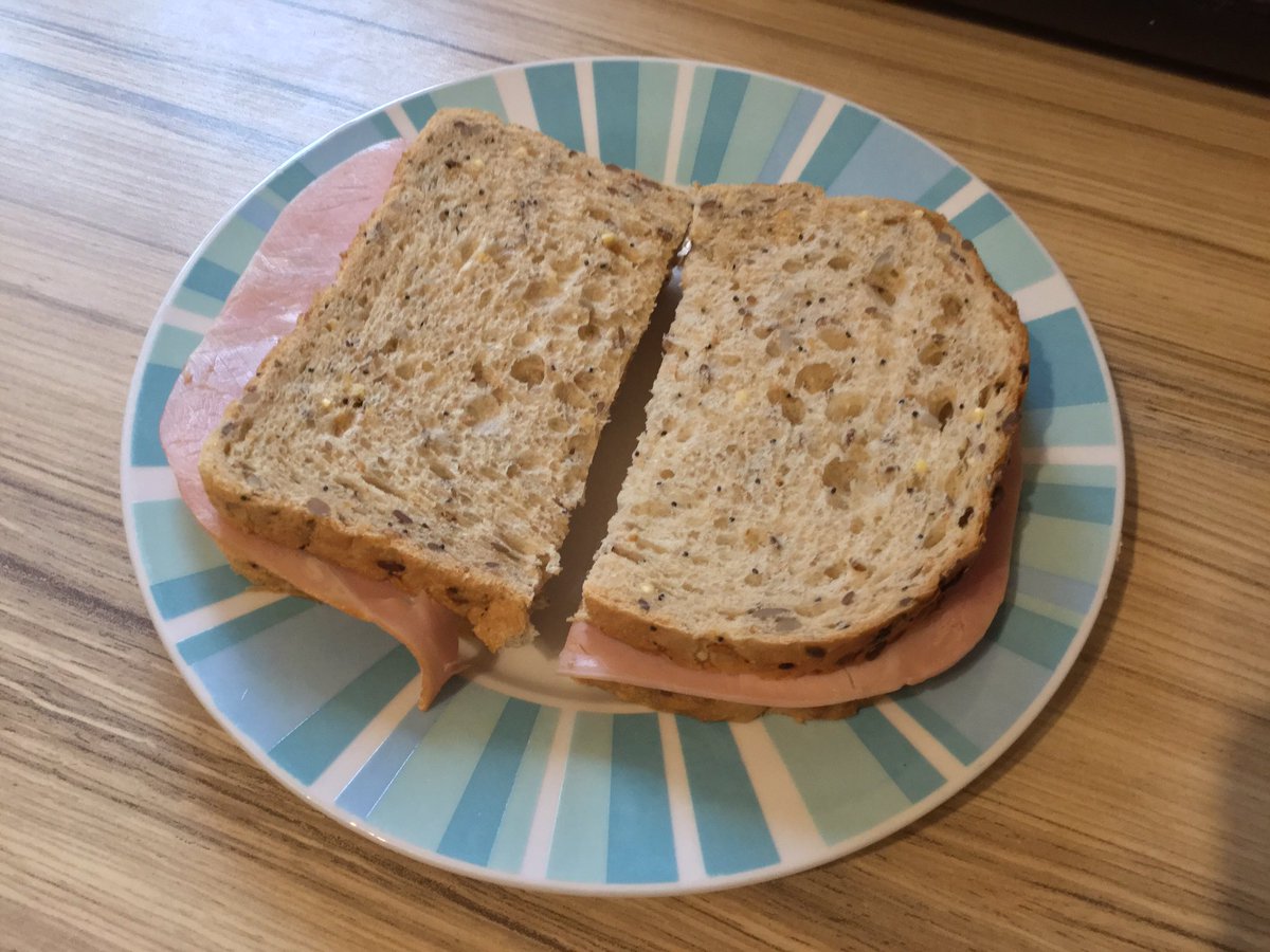 I have just made a ham sandwich. The ingredients were one slice of ham, two slices of bread and olive spread (butter or margarine can be used instead). DM me if you would like the recipe. #ham #sandwich