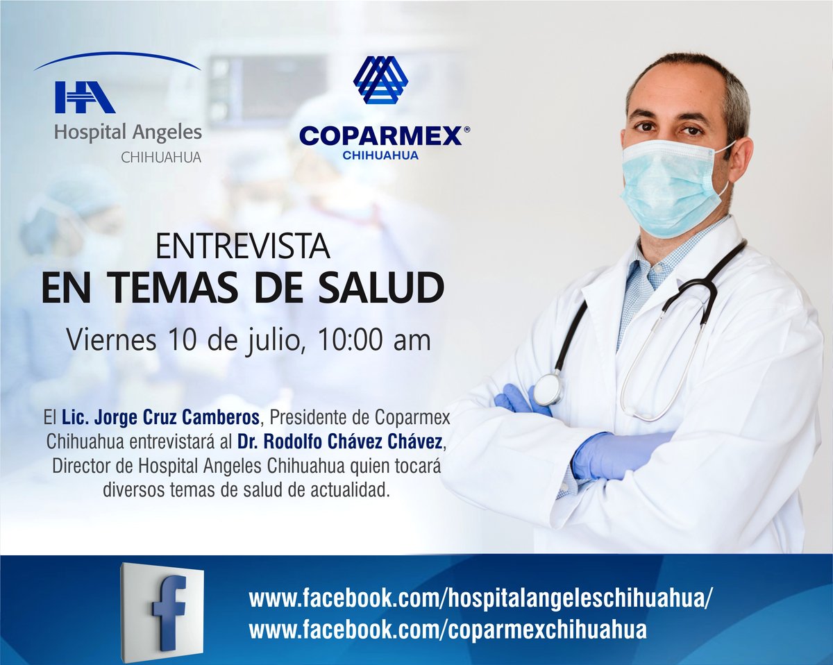 AngelesChih's tweet photo. El día de mañana te invitamos a esta entrevista donde se tocarán temas de salud por el Dr. Rodolfo Chávez Chávez viernes 10 de julio a las 10:00 am

☎ (614) 439-2700
#HospitalAngelesChihuahua
#YoSoyAngelesChihuahua
📍 Hacienda del Valle No. 7120 Chihuahua (Chihuahua) https://t.co/shzxUH7TMM