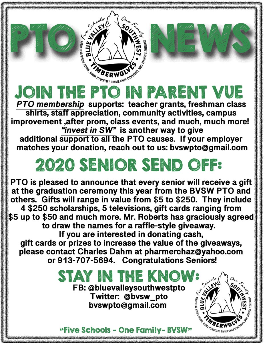 Please keep BVSW PTO in mind when you log into ParentVue to pay fees starting next week! Your PTO membership and "Invest in Southwest" help us support so many events, activities, grants, etc. every year. 💚🖤💚