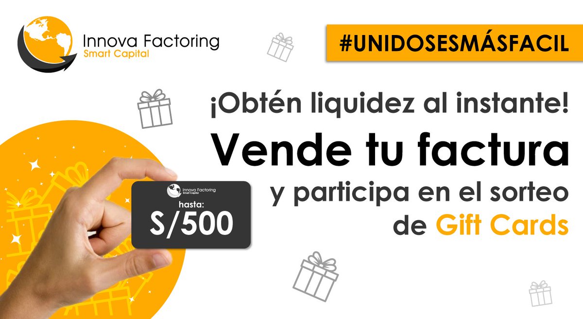DigiFactoring's tweet photo. ¿Tus clientes pagan en 30 o más días?
Ahora puedes #reactivar tu negocio y obtener liquidez al instante con la venta de tus facturas. Además, podrás ganar un #GiftCard de hasta 500soles.
Evalúa tu #factura ingresando a: https://t.co/QzrspLl3fn

#UnidosEsMásFácil #factoring #pymes https://t.co/Rgazzl8Pp5