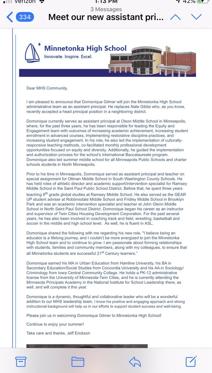 #MPA- Join me in congratulating TC Cohort member @DomoniqueGilmer on his new position <a href="/TonkaSchools/">Minnetonka Schools</a> as the new AP at Minnetonka High School!!!