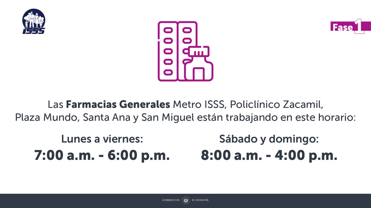 Las farmacias generales del <a href="/isss_gob_sv/">ISSS</a> continúan atendiendo en estos horarios.👇 

La institución indica que puede autorizar a una persona para retirar sus medicamentos escribiendo su firma y número de DUI al reverso de la receta.