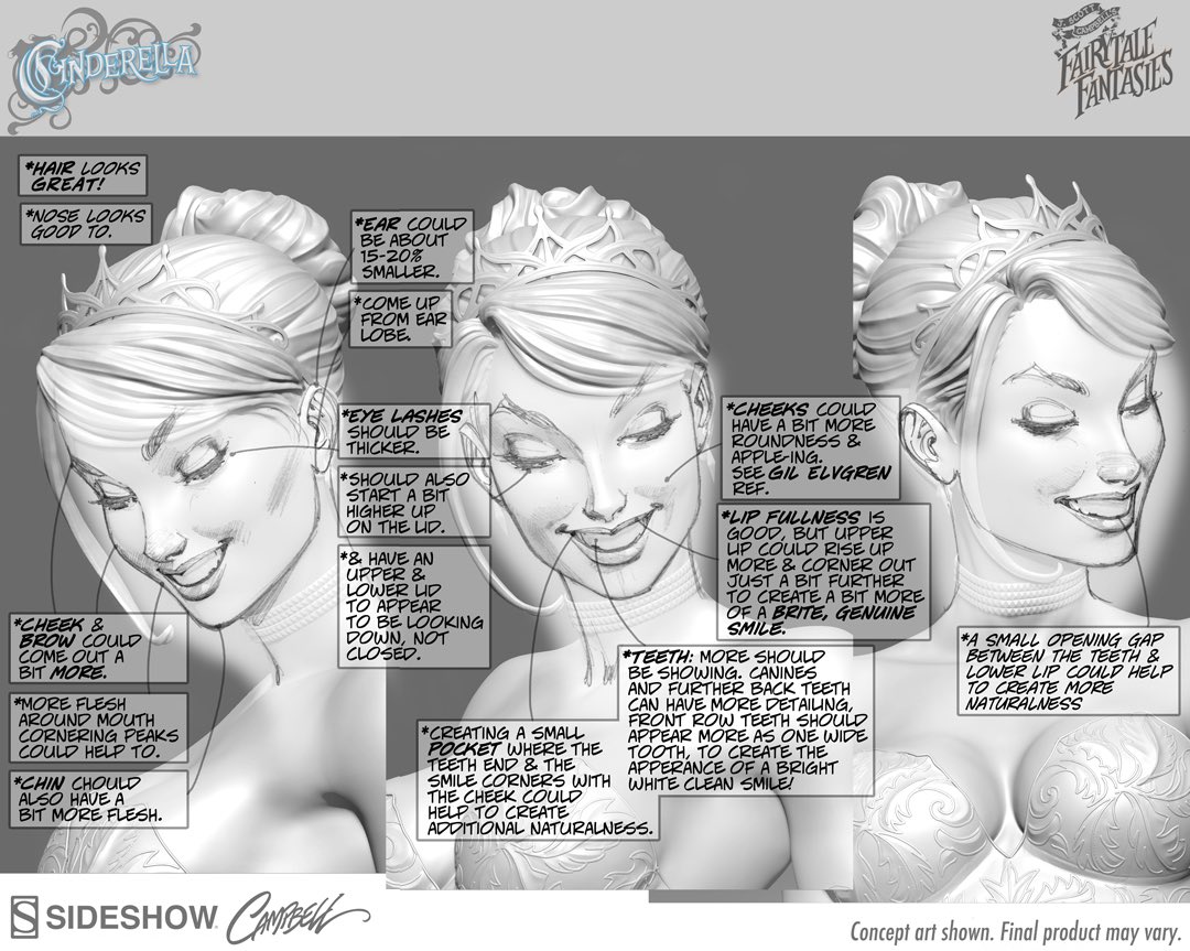 🖌👸🏼This set of concept art shows the detailed thought process that went into the specifics of @collectsideshow #Cinderella 's head, facial expression and hair. Some have asked why her eyes are closed. I never saw it that way, but more that she's glancing downward. 