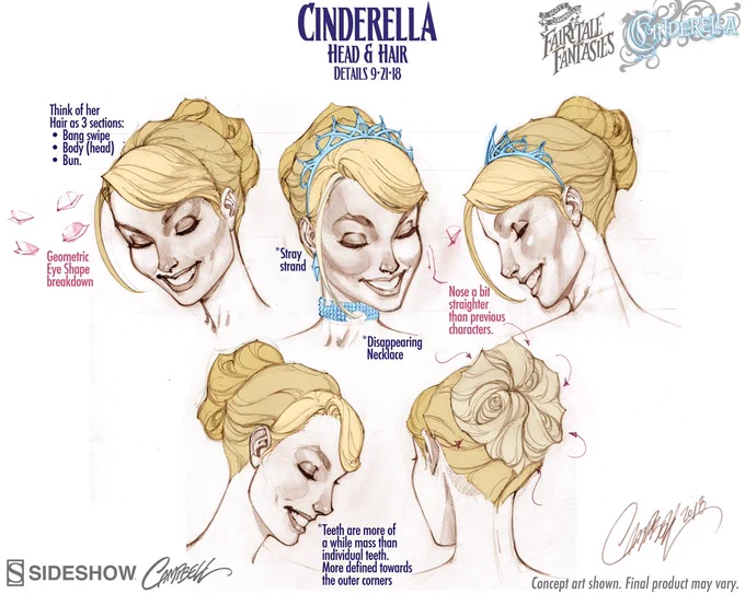 🖌👸🏼This set of concept art shows the detailed thought process that went into the specifics of @collectsideshow #Cinderella 's head, facial expression and hair. Some have asked why her eyes are closed. I never saw it that way, but more that she's glancing downward. 