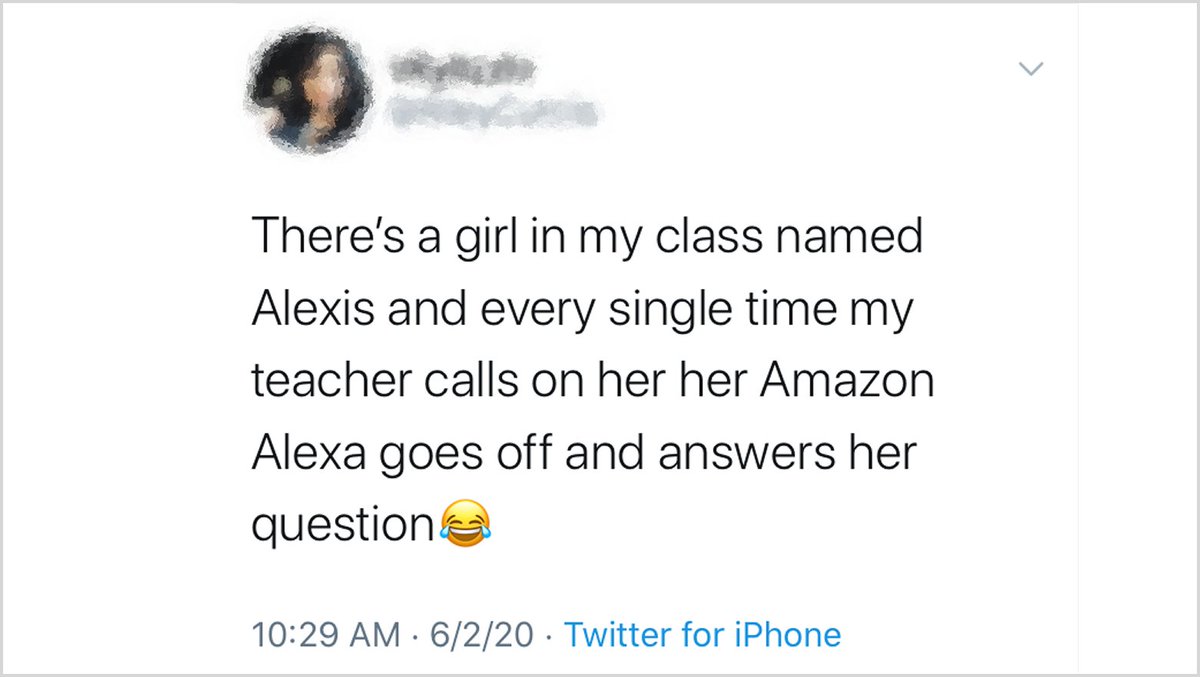 This disruption in zoom sessions caused by names that trigger  @Alexa99 is happening in online classes, too. And, like other problems now plaguing people named Alexa, it also affects those with similar names, like Alexis, and Alex. It's time for  @Amazon to fix this.  #AfterAlexa3/