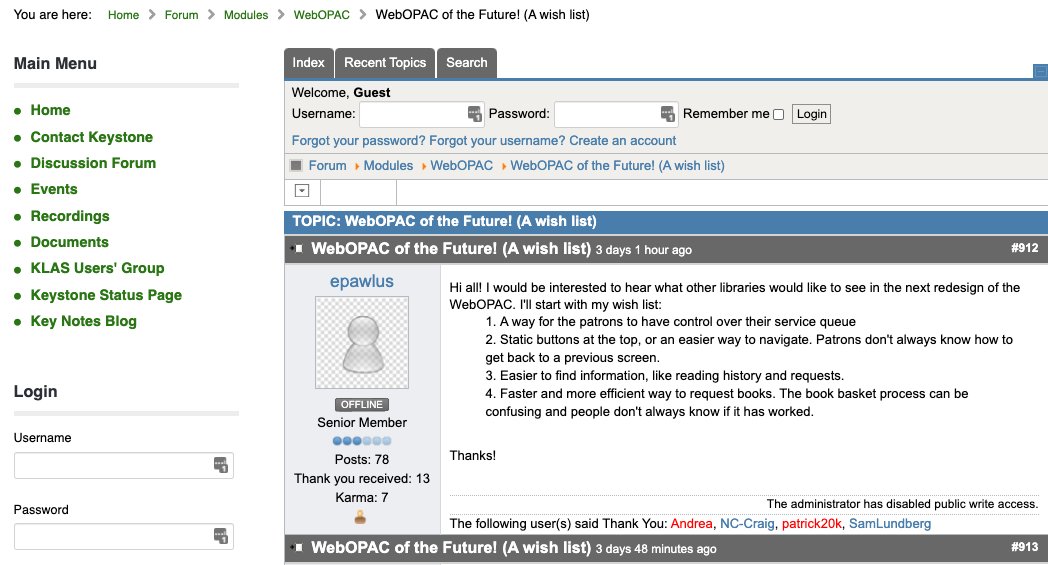 KLASlibraries's tweet image. What #newfeatures should the next generation of #KLAS&apos; #WebOPAC include? Erin, AZ TBL, posted her #wishlist a few days ago &amp;amp; other #KLASusers responded with theirs. Take a few minutes to see what they&apos;ve posted &amp;amp; then add your own. #FutureofKLAS #tellus
klasusers.com/index.php/foru…