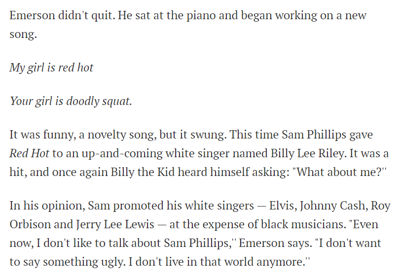 Billy Emerson had the most releases on Sun Records of any Black artist. He delivered the goods, again & again, but was consistently overlooked & under-promoted. Excerpts from "The Second Coming of Billy the Kid":  https://tampabay.com/features/humaninterest/the-second-coming-of-billy-the-kid/2191119/ (3/10)