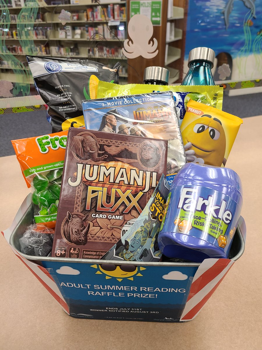 lawtonpubliclib's tweet photo. Did you know adults can participate in Summer Reading too? For each book/magazine/audio book read between June 1-July 31, adults can receive a virtual raffle ticket towards this Jumanji themed basket. 
Sign up online at https://t.co/WV9iAX3Lmj https://t.co/8lVWVl25u6