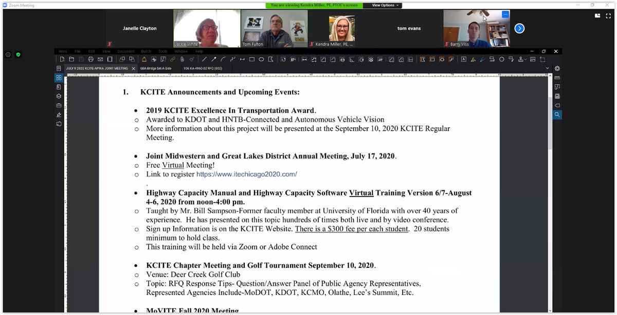 ks_ite's tweet photo. 105 attendees attended the first KCITE virtual meeting held jointly with APWA.    Special thanks to the presenters; Barry Viss (MARC), Tom Fulton (Olsson), and Griffin Smith (MoDOT), who agreed to present on the impacts of COVID-19 on transportation and funding in our area. https://t.co/GlGjG08hav