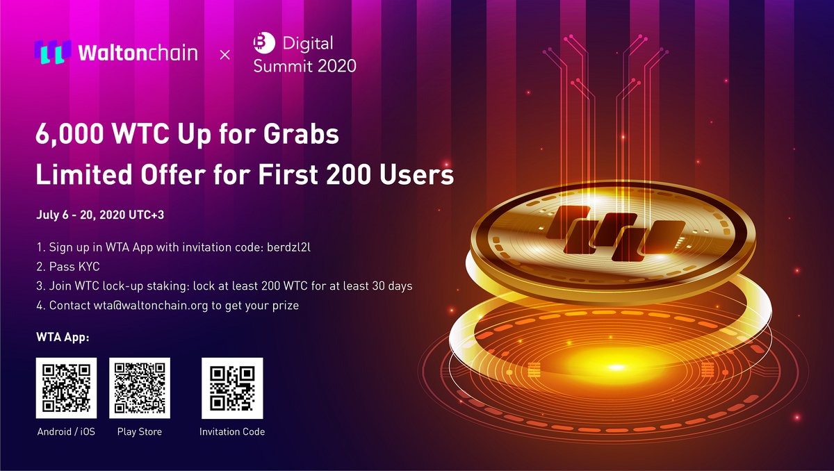 DigitalSummit21's tweet photo. 6000 WTC Up for Grabs Limited Offer for first 200 Users:

✅Sign up in WTA App with invitation code: berdzl2l
✅Pass KYC
✅Join WTC lock-up staking:lock at least 200 WTC for at least 30 days
✅Contact wta@waltonchain.org to get your prize

#DigitalSummit #Conference #Blockchain https://t.co/mmBswrD53W