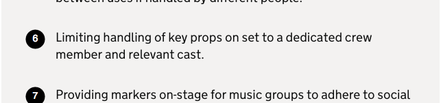 That the Official Guidance From The UK Government is that props should only be handled by the performers that use them - rather than played with by anyone who thinks they're cool - will be music to a lot of Stage Managers' ears tbf.
