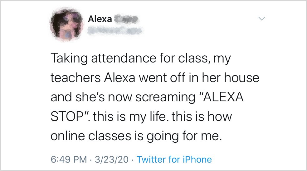 The "solutions" to the problem of  @Alexa99 having false wakes during virtual classes tend to be lousy, ranging from frantic screaming at the AI, to not saying the "problematic" name (or renaming the human who has it). Rarely are the devices muted or unplugged.  @AfterAlexa 4/