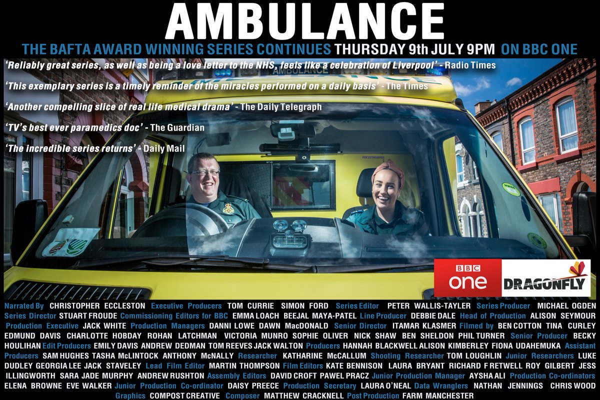 #Ambulance tonight 9pm BBC One
Another cracking episode which the radio times describes as ‘a love letter to the NHS and a celebration of Liverpool’ beautifully cut by Andy Rushton and Tom Reeves. <a href="/NWAmbulance/">North West Ambulance Service</a> <a href="/BBCOne/">BBC One</a> <a href="/DragonflyFilmTV/">Dragonfly</a>