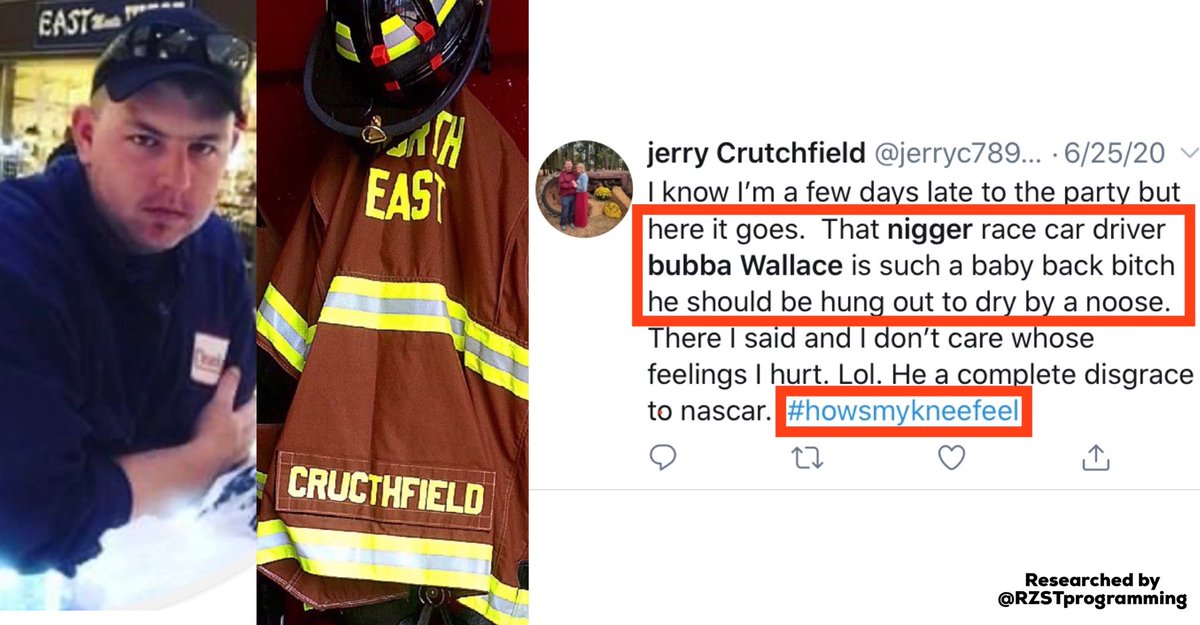 Say hello to Trump supporter and Confederate flag advocate Jerry Crutchfield who thinks  #BubbaWallace   is a “n**ger” that “should be hung out to dry by a noose.”Jerry is also a firefighter with North East Fire Company ( @CecilCountyDES /  @CecilCoGov) in Cecil County, Maryland.  https://twitter.com/jerryc789_jerry/status/1276240923375132673
