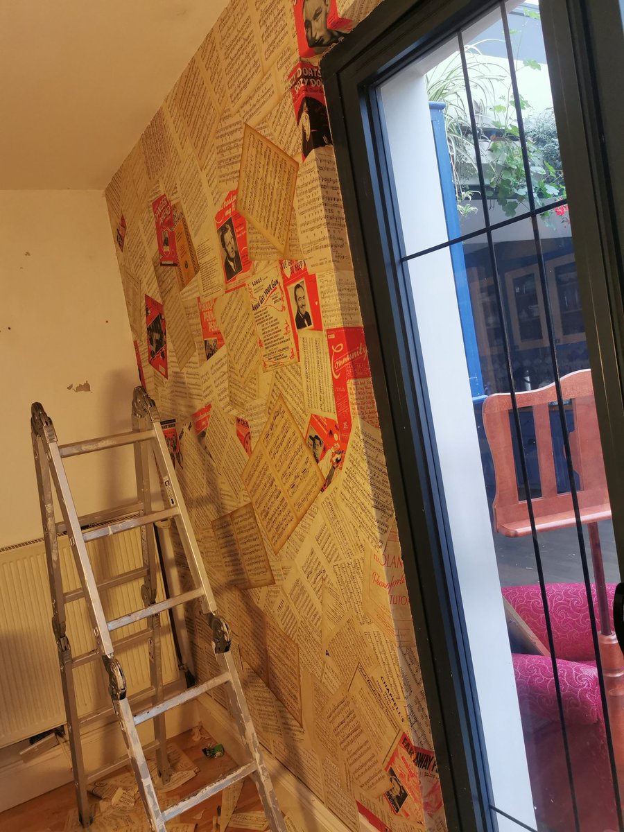 cKChoirboy's tweet photo. Spent the day #papering my study with old #sheetmusic. Love the end result. Need to build the shelf-unit which will go on this wall... For my growing #collection of #instruments. So much paste in my hair I won't need to style it... Oh wait... Ha! https://t.co/0iHfysvfDE