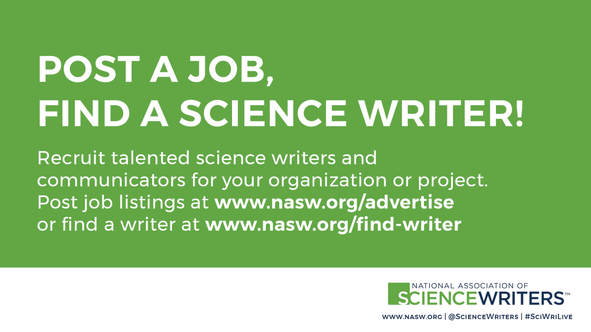 ScienceWriters's tweet photo. Editors and Managers: Have an amazing job opening to share? Or call-for-pitches you want NASW Members to see? Then share your opportunity to our NASW Jobs Bank! Learn how to post a job ad at https://t.co/CVneX7FXz5—or find a science writer in our https://t.co/B30oGOeWUp database! https://t.co/2z4BztEhS4