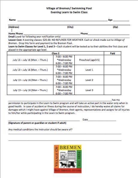 PoolBremen's tweet photo. There are still spots available for our evening swim lessons next week, July 13-16! We will have forms available here at the pool until this Saturday, July 11. Classes are $25 per child and we’re able to accept cash, or checks made payable to The Village of Bremen! https://t.co/8fl41zVuy7