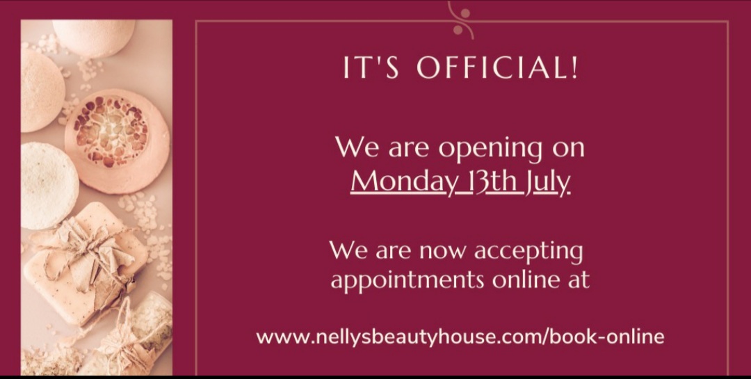 It's official! The Government has announced that we are able to open the salon on Monday 13th July. Click here to book now: nellysbeautyhouse.com/book-online.

Please check our Covid-19 statement. nellysbeautyhouse.com/covid-19-state…

Thank you to all our clients who have supported us during this time.