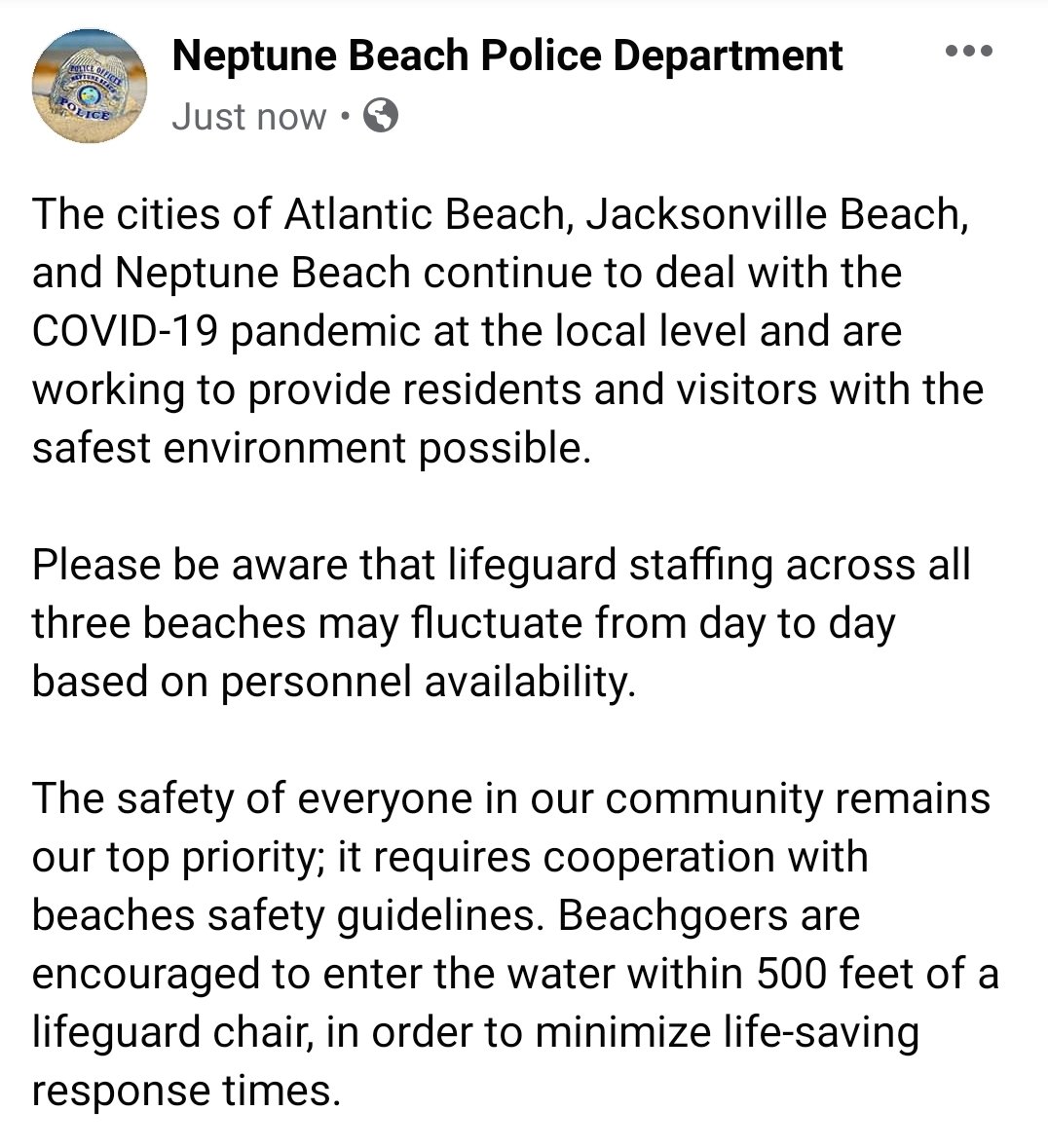NeptBchPolice's tweet photo. The safety of everyone in our community remains our top priority.
#community #beachsafety #NBOR https://t.co/g9ez0bAAJs