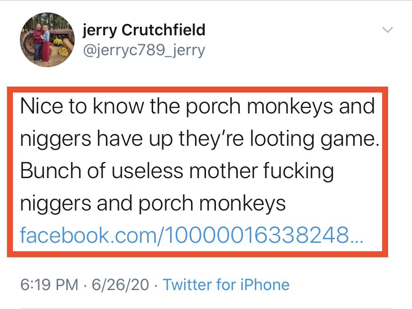 Jerry Crutchfield loves using the N-word and the slur “porch monkeys.”  https://twitter.com/jerryc789_jerry/status/1276656382016663552?s=21  https://twitter.com/jerryc789_jerry/status/1276656382016663552