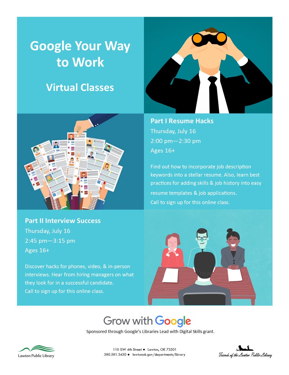lawtonpubliclib's tweet photo. Searching for a job? We can help! Join us online next Thursday, July 16, for 2 free virtual workshops about creating résumés &amp; job interview skills. Give us a call to sign up. Supported by #LibrariesLead with Digital Skills &amp; #GrowWithGoogle! https://t.co/bo8pYDU7y5
