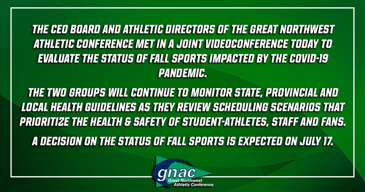 The GNAC CEO Board and Management Council provide statement on the status of the conference’s fall 2020 seasons. bit.ly/3flrdZG