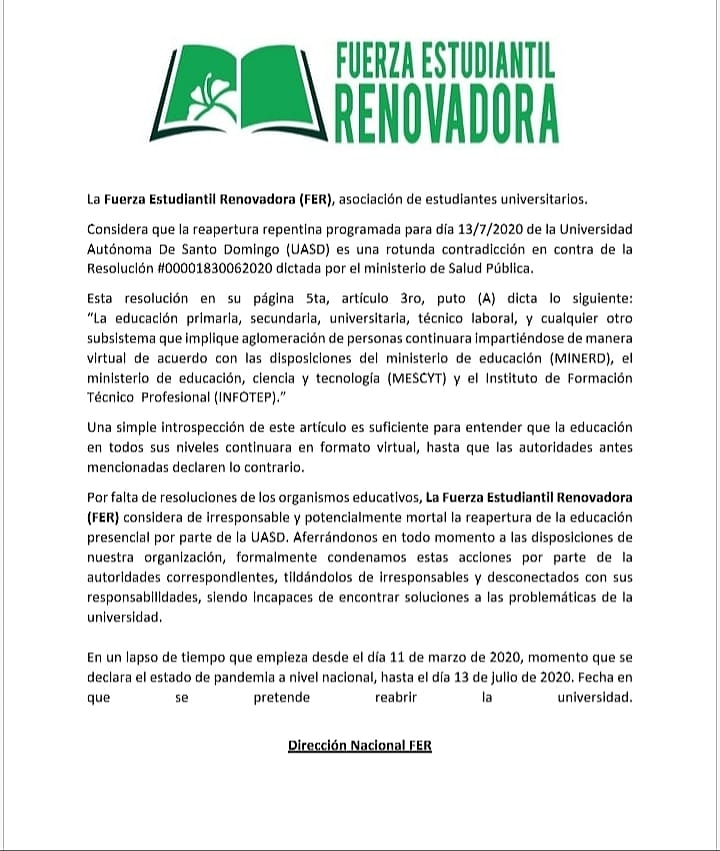 fuerzaER's tweet photo. #ClasesPresencialesTodavíaNo #UASD #FuerzaEstudiantilRenovadora #LaVozDeLosEstudiantes #CeroClasePresencialUasd #Uasdianos https://t.co/UIhkVdrbzB