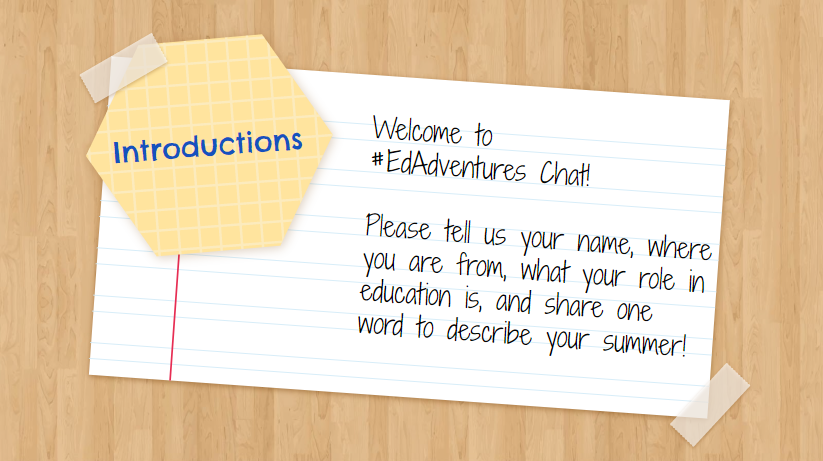 MissBisaga4th's tweet photo. Welcome #EdAdventures chat! Tonight is going to be great! Please introduce yourself by telling us your name, where you are from, your role in education, and one word to describe your summer!
-Grace https://t.co/BoyPcaNiVG