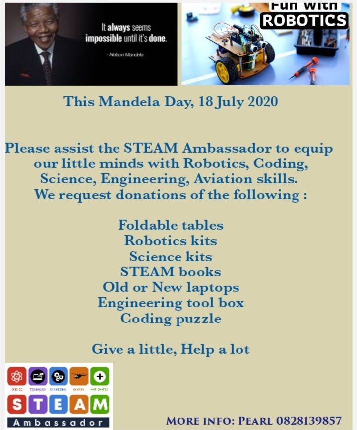 We don't need anything fancy. Old computers, laptops, Robotics kits and coding kits for the kids to be able to learn.