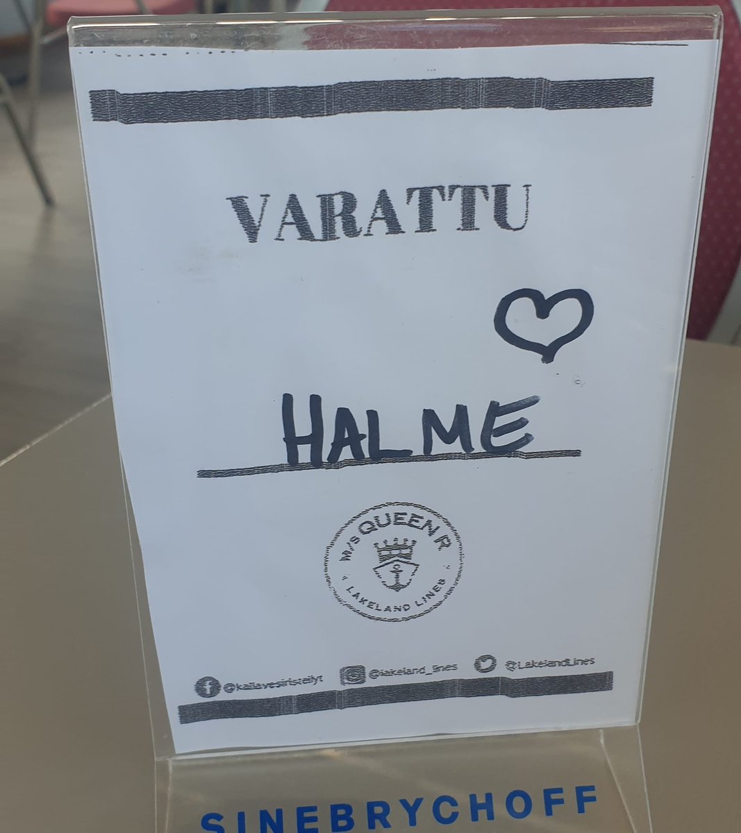 mihalme's tweet photo. Pöytävarauksen kyltitys kohdallaan 🥰 #halme #kuopio #kallavesi #rollristeilyt https://t.co/tmIO3LiwtY