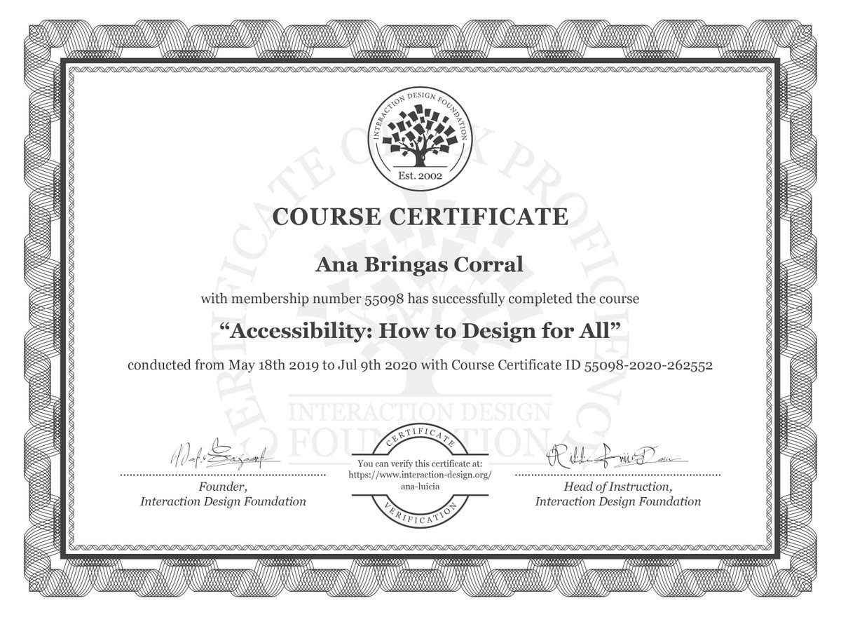 Finally finished!! Accessibility: How to Design for All. Thanks a lot Frank Spillers, amazing professor! <a href="/farreaching/">Frank Spillers</a>  interaction-design.org/ana-luicia/cer… #uxdesign #accessiblity <a href="/interacting/">interacting</a>