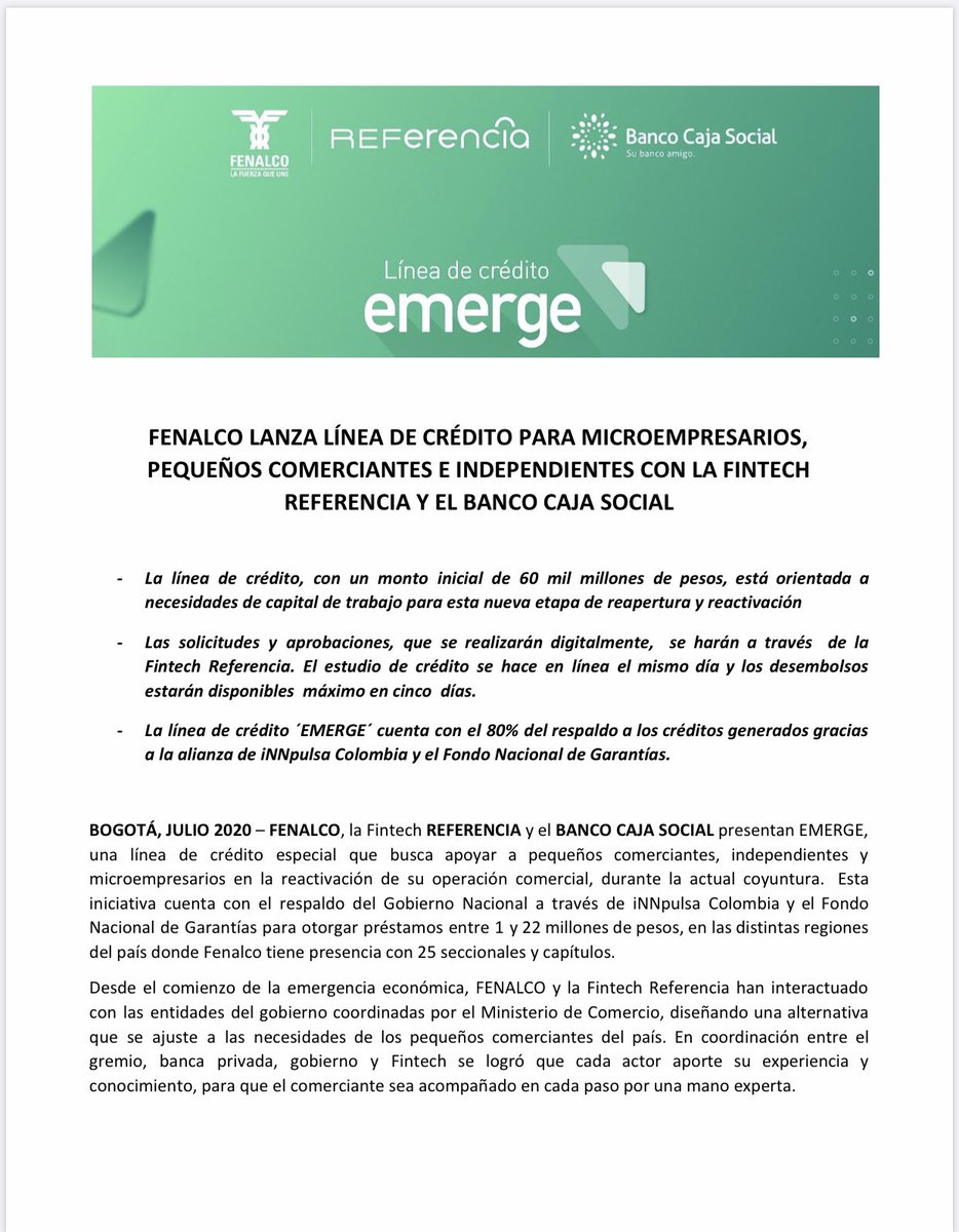 JaimeA_Cabal's tweet photo. Desde @FenalcoNacional hoy se lanzó la línea de crédito #Emerge para microempresarios, pequeños comerciantes e independientes con la Fintech Referencia, @bancocajasocial, @InnpulsaCol y @FNGSA. ¡Un paso más para la reactivación de nuestros comerciantes! #JuntosSaldremosAdelante💪🏻 https://t.co/Ap7Py1vmcF