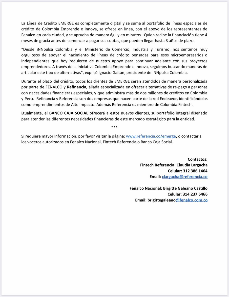 JaimeA_Cabal's tweet photo. Desde @FenalcoNacional hoy se lanzó la línea de crédito #Emerge para microempresarios, pequeños comerciantes e independientes con la Fintech Referencia, @bancocajasocial, @InnpulsaCol y @FNGSA. ¡Un paso más para la reactivación de nuestros comerciantes! #JuntosSaldremosAdelante💪🏻 https://t.co/Ap7Py1vmcF